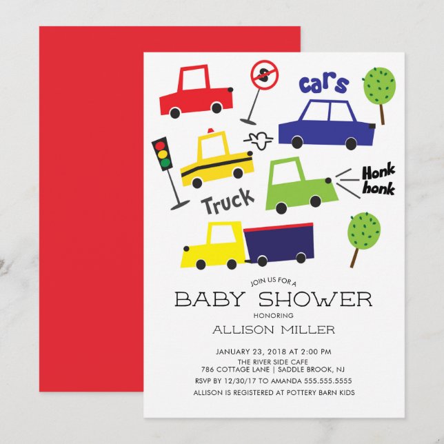 Colourful Cars & Trucks Baby Shower Invitation (Front/Back)