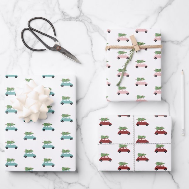 Colourful Cars with Christmas Tree Holiday Wrapping Paper Sheet (Front)