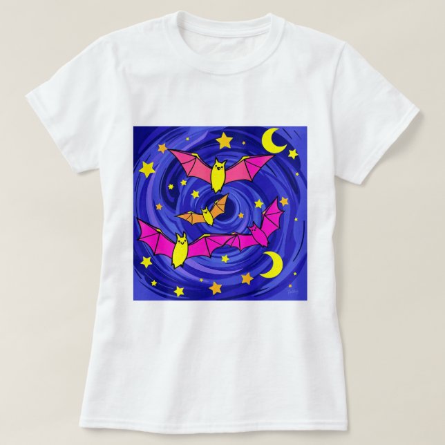 Colourful Cartoon Bat Cute Halloween Starry Night T-Shirt (Design Front)