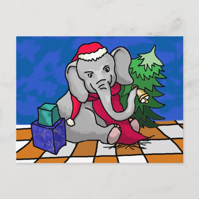 Colourful Cartoon Bell Ringing Christmas Elephant Holiday Postcard (Front)