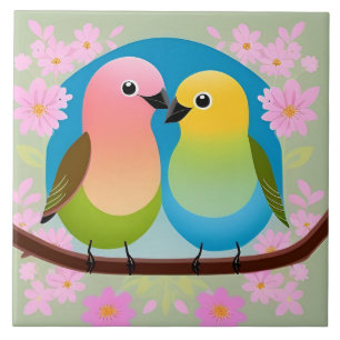 Colourful Cartoon Birds Perched on a Branch Tile