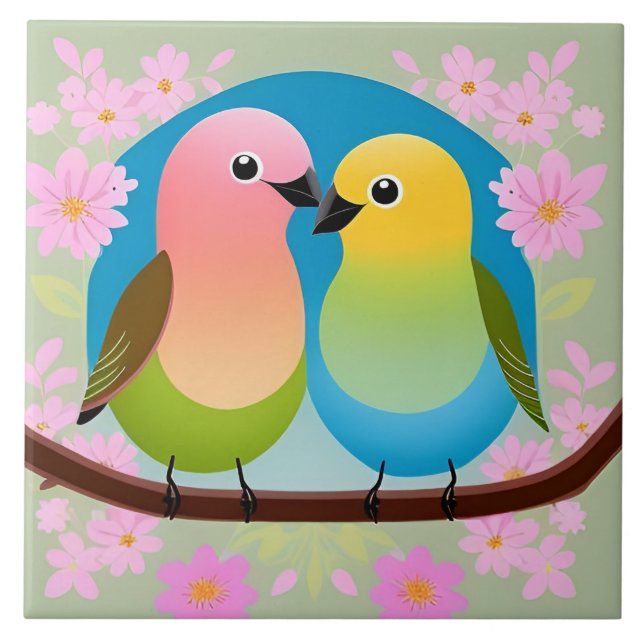 Colourful Cartoon Birds Perched on a Branch Tile (Front)