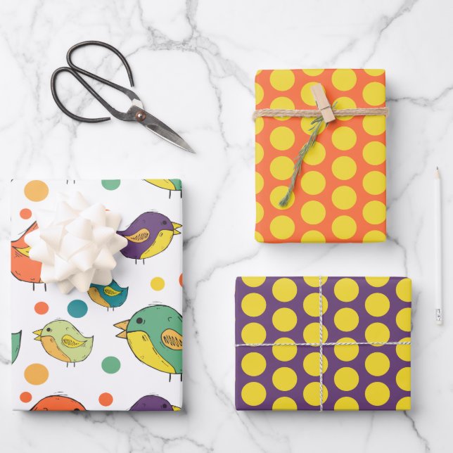 Colourful Cartoon Birds Wrapping Paper Sheet Set (Front)