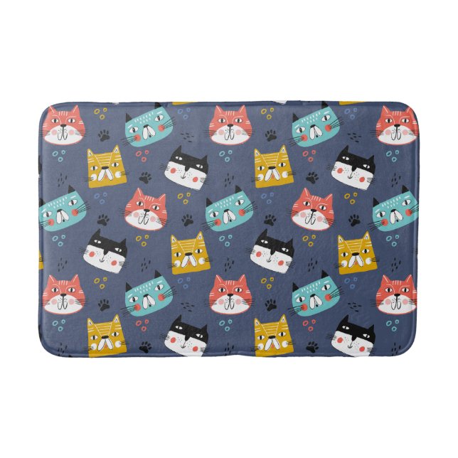 Colourful Cartoon Cat Faces on Blue Bath Mat (Front)