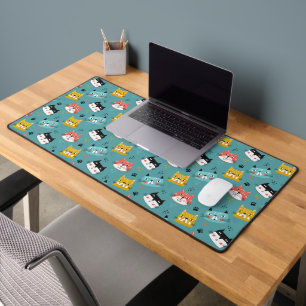 Colourful Cartoon Cat Faces on Teal Desk Mat