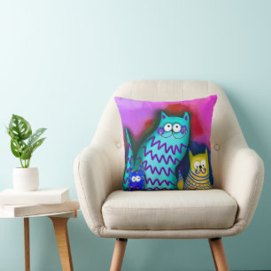 Colourful Cartoon Cat Family Cushion