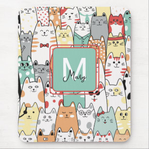 Colourful Cartoon Cat Kitty Name Monogram Mouse Pa Mat