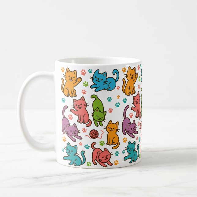Colourful Cartoon Cats Pattern Mug – Cute Cat Love (Left)