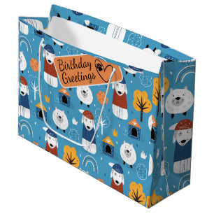Colourful cartoon crazy dog in blue doodles large gift bag