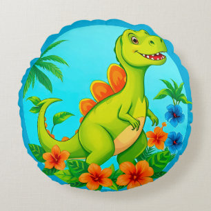 Colourful Cartoon Dinosaur in a Tropical Setting Round Cushion