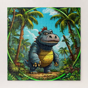 Colourful Cartoon Dinosaur in Tropical Jungle Jigsaw Puzzle