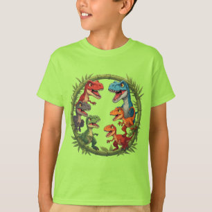 Colourful Cartoon Dinosaurs In Bamboo Frame T-Shirt