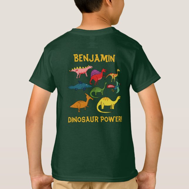 Colourful Cartoon Dinosaurs with Custom Name T-Shirt (Back)