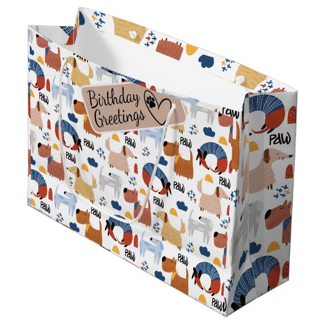 Colourful cartoon dog doodle seamless pattern large gift bag (Front Angled)