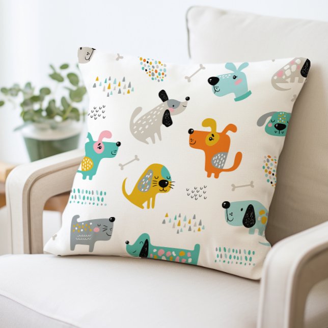 Colourful Cartoon Dogs Throw Pillow (Creator Uploaded)