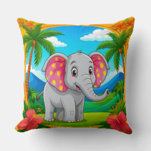 Colourful Cartoon Elephant in Tropical Landscape Cushion