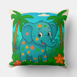 Colourful Cartoon Elephant in Tropical Landscape Cushion