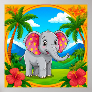 Colourful Cartoon Elephant in Tropical Landscape Poster