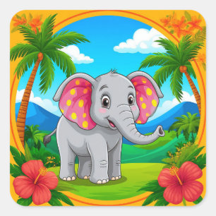 Colourful Cartoon Elephant in Tropical Landscape Square Sticker