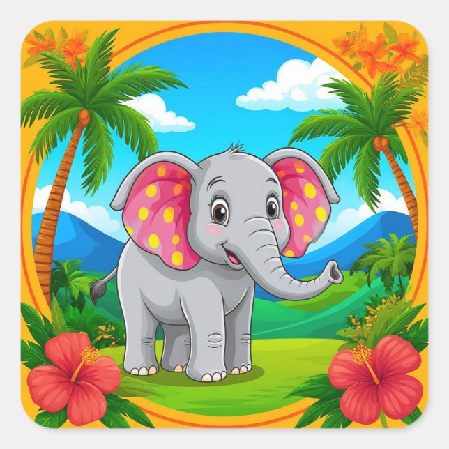 Colourful Cartoon Elephant in Tropical Landscape Square Sticker (Front)