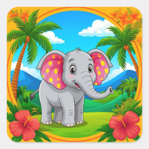 Colourful Cartoon Elephant in Tropical Landscape Square Sticker