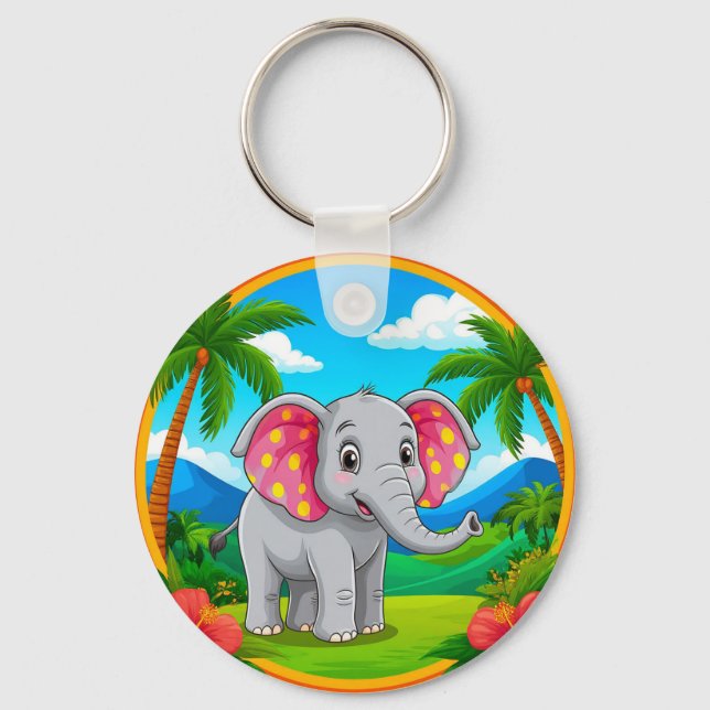 🐘 Colourful Cartoon Elephant Tropical Fun  Key Ring (Front)