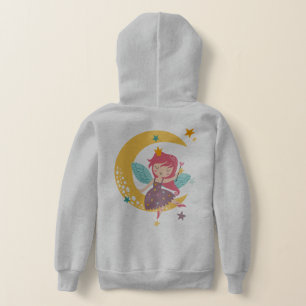Colourful cartoon fairy sitting on a crescent moon