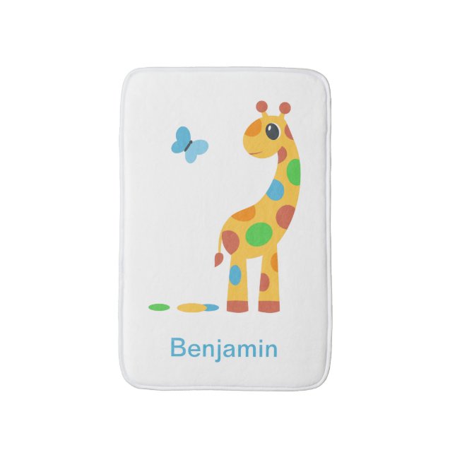 Colourful Cartoon Giraffe and Butterfly Bath Mat (Front Vertical)