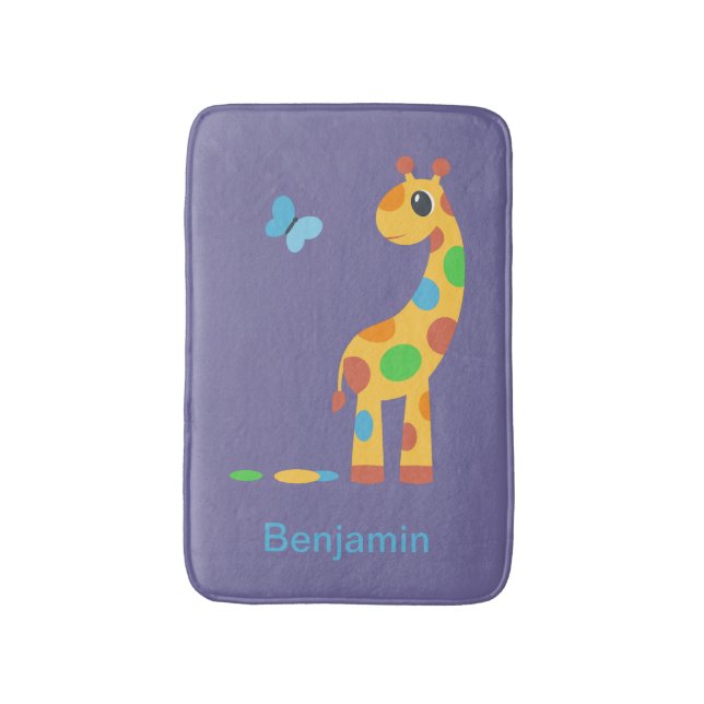 Colourful Cartoon Giraffe and Butterfly Bath Mat (Front Vertical)
