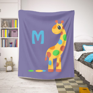 Colourful Cartoon Giraffe Monogram on Purple Sherpa Blanket