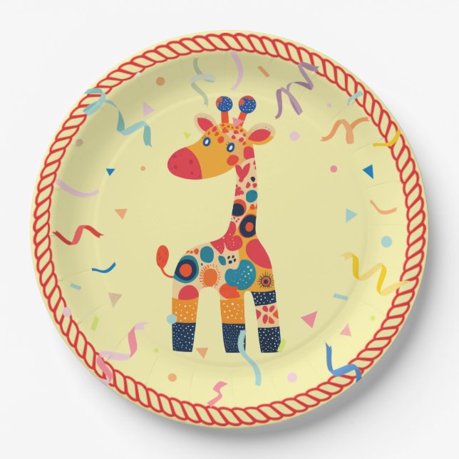 Colourful Cartoon Giraffe with Confetti Paper Plate (Front)