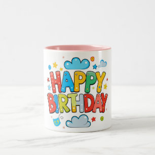 "Colourful Cartoon Happy Birthday with Clouds & St Two-Tone Coffee Mug