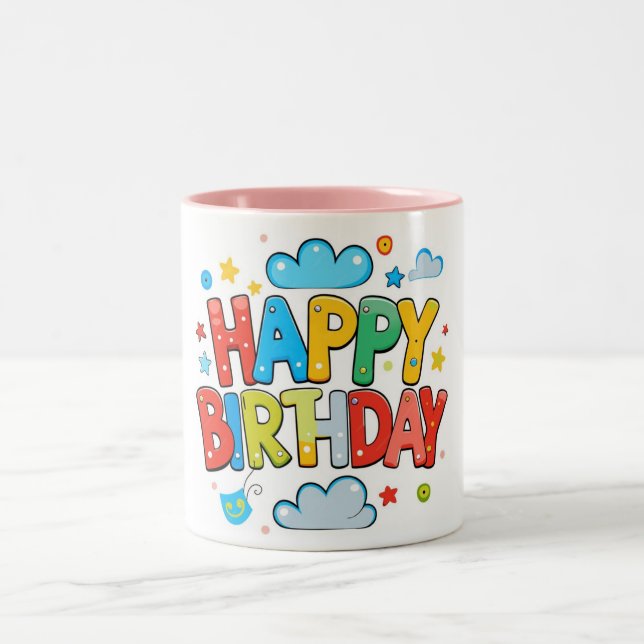 "Colourful Cartoon Happy Birthday with Clouds & St Two-Tone Coffee Mug (Center)