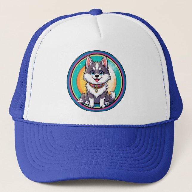 Colourful Cartoon Happy Dog Trucker Hat (Front)