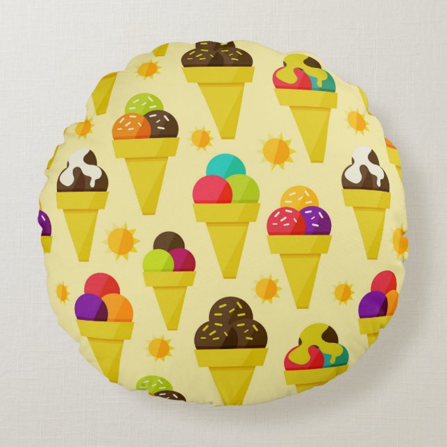 Colourful Cartoon Ice Cream Cones Round Cushion (Front)