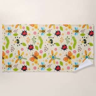 Colourful Cartoon Insects With Flowers and Leaves Beach Towel
