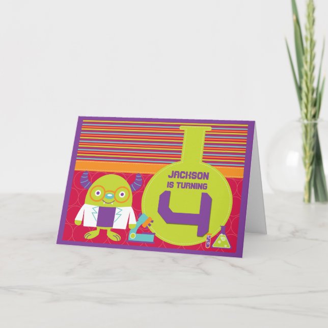 Colourful Cartoon Mad Scientist 4th Birthday Card (Front)