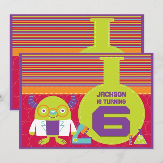 Colourful Cartoon Mad Scientist 6th Birthday Party Invitation (Front/Back)