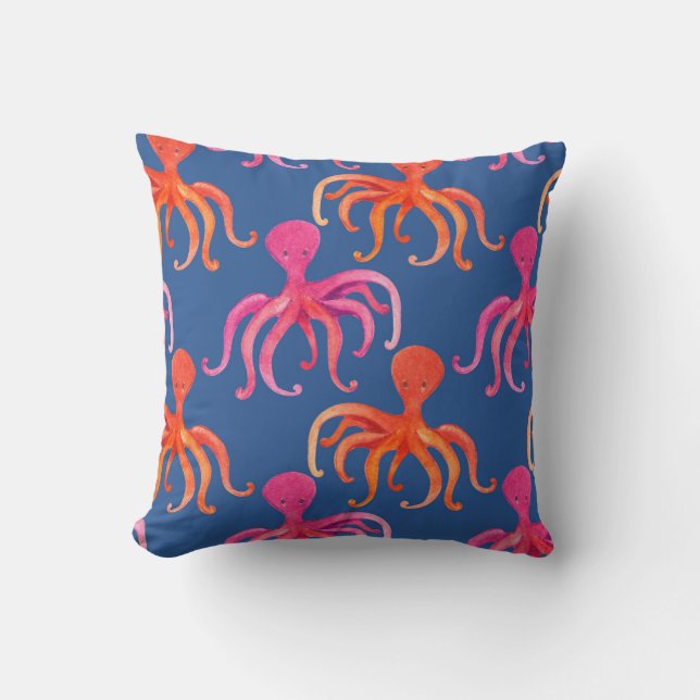 Colourful Cartoon Octopus Watercolor Pattern Cushion (Front)