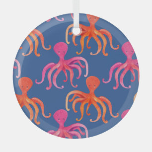 Colourful Cartoon Octopus Watercolor Pattern Glass Tree Decoration