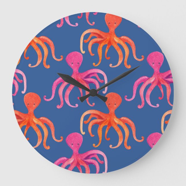 Colourful Cartoon Octopus Watercolor Pattern Large Clock (Front)