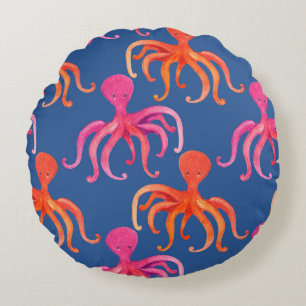Colourful Cartoon Octopus Watercolor Pattern Round Cushion