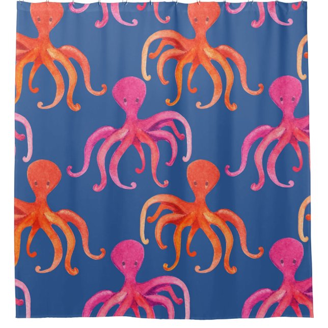 Colourful Cartoon Octopus Watercolor Pattern Shower Curtain (Front)