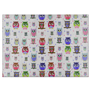 Colourful Cartoon Owls Glass Cutting Board