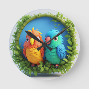 Colourful Cartoon Parrots Round Clock