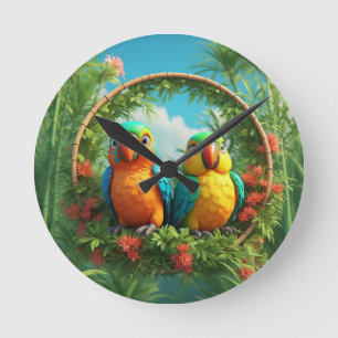 Colourful Cartoon Parrots Round Clock