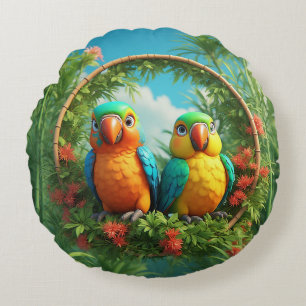 Colourful Cartoon Parrots Round Cushion