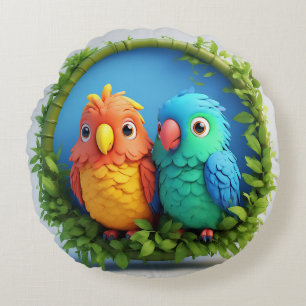 Colourful Cartoon Parrots Round Cushion