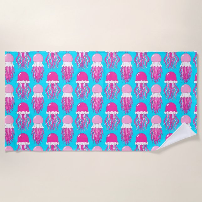 Colourful Cartoon Pink Jellyfish Pattern Beach Towel (Front)