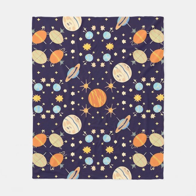 Colourful Cartoon Planets and Stars Fleece Blanket (Front)